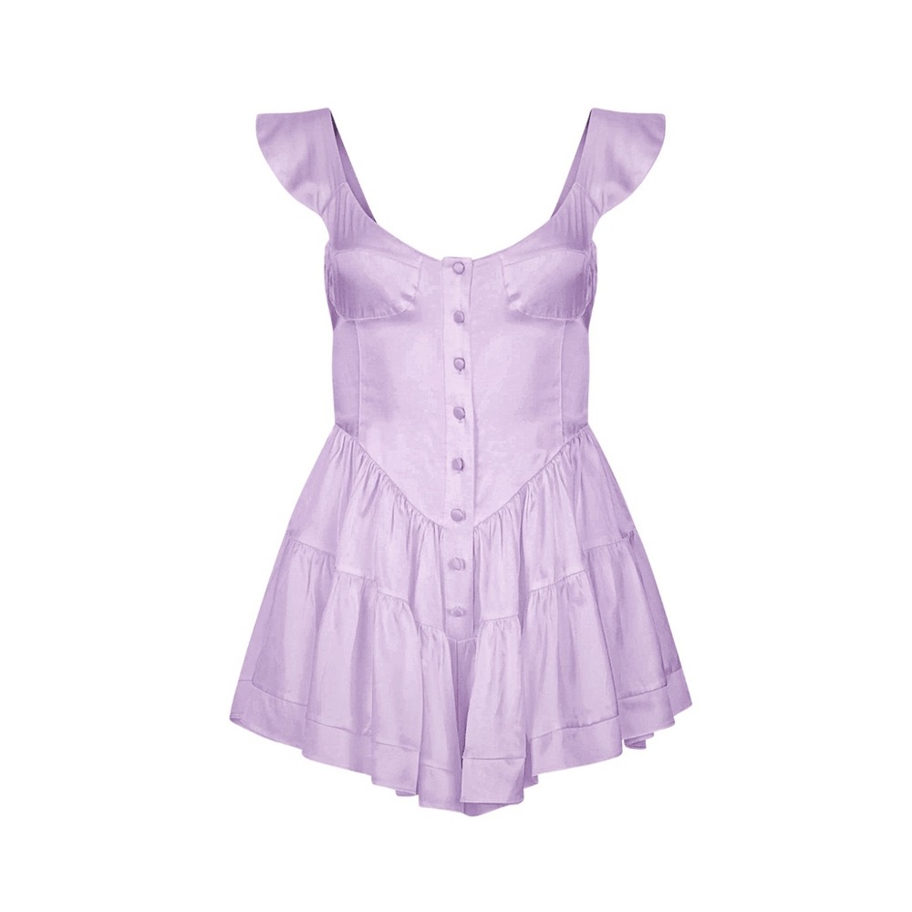Vanessa Mooney Romper Women S Lilac Satin Bustier Button Front Tiered Coquette